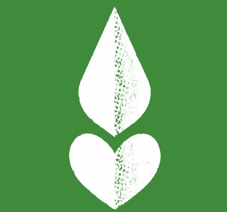a white leaf on top of a tiny white heart, representing love towards earthy elements